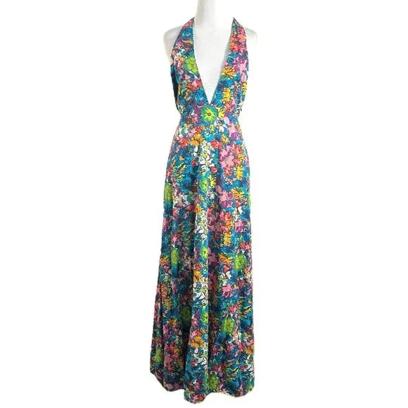 Free People Retro 60s 70s Floral Psychedelic Saffron Halter Maxi Dress Large - Picture 5 of 14